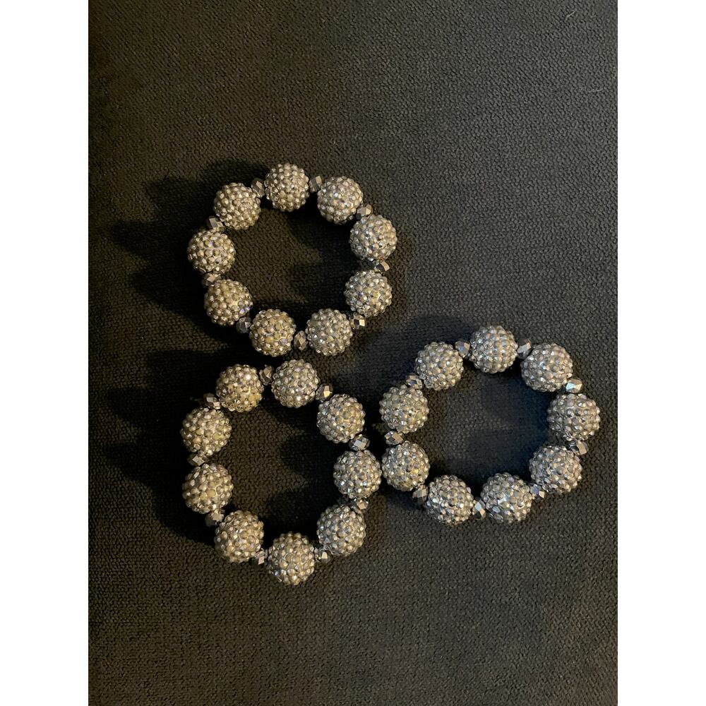 Set of 3 Silver Clear Rhinestone Pave Ball Stretch Bracelets - Picture 4 of 5